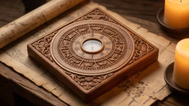 La bàn phong thủy cổ đại bằng gỗ chạm khắc chi tiết cách tính 12 con giáp theo giờ chuẩn xác
