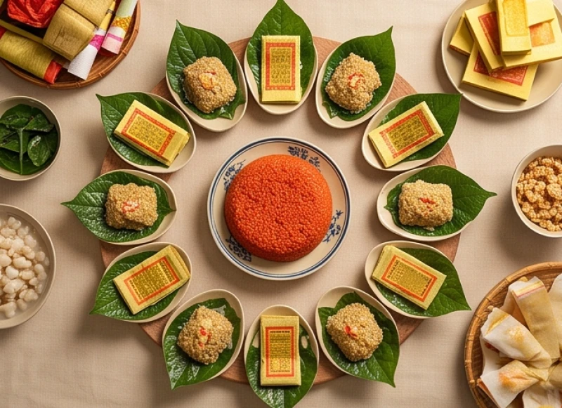 Mâm lễ vật cúng Mụ được chia thành 12 phần nhỏ bằng nhau và 1 phần lớn đặt trang trọng