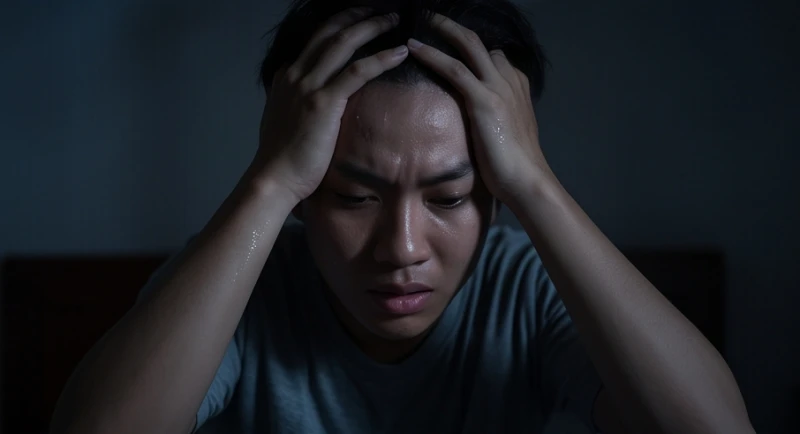 Biểu cảm hoảng loạn toát mồ hôi hột của một người vừa thức dậy sau cơn ác mộng căng thẳng