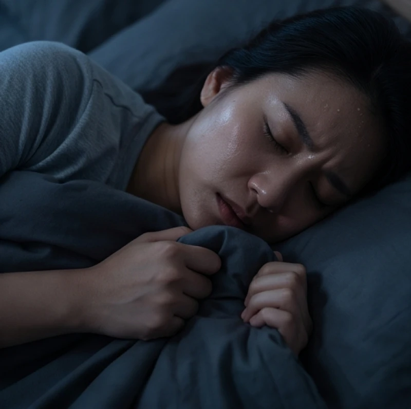 Người đang ngủ nhăn nhó với gương mặt vã mồ hôi và căng thẳng khi trải qua ác mộng rượt đuổi