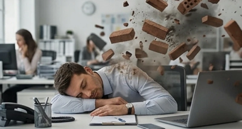 Người nhân viên gục đầu ngủ trên bàn làm việc ban trưa và bị bao quanh bởi viễn cảnh nhà sập