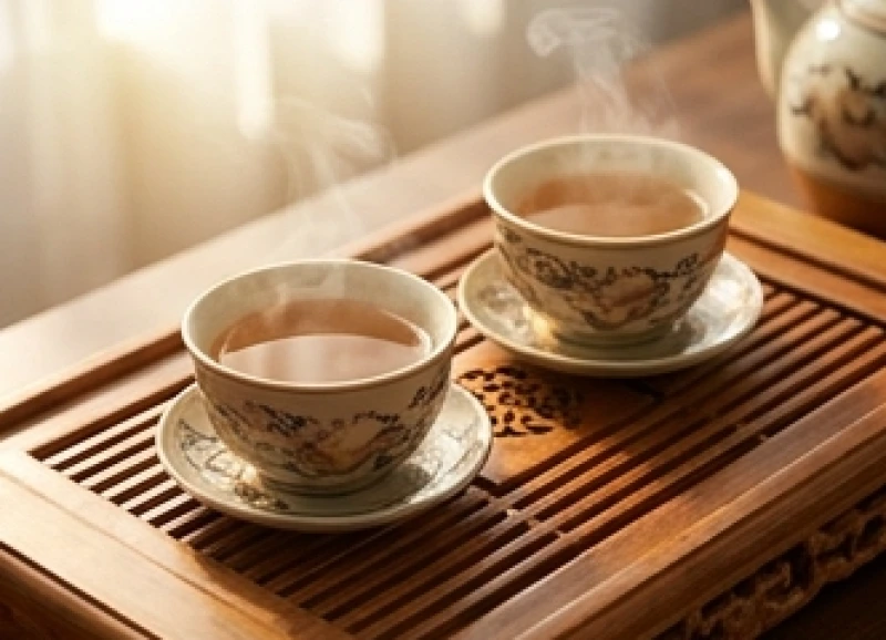 Hai tách trà nóng hổi bốc khói nhẹ trên khay gỗ chạm khắc tinh xảo
