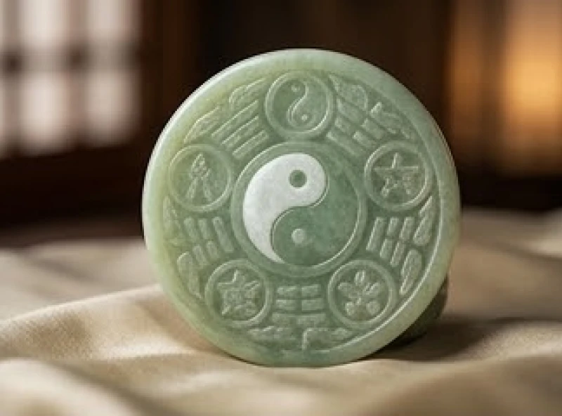 Biểu tượng âm dương ngũ hành được chạm khắc tinh xảo trên một đĩa ngọc thạch cổ điển