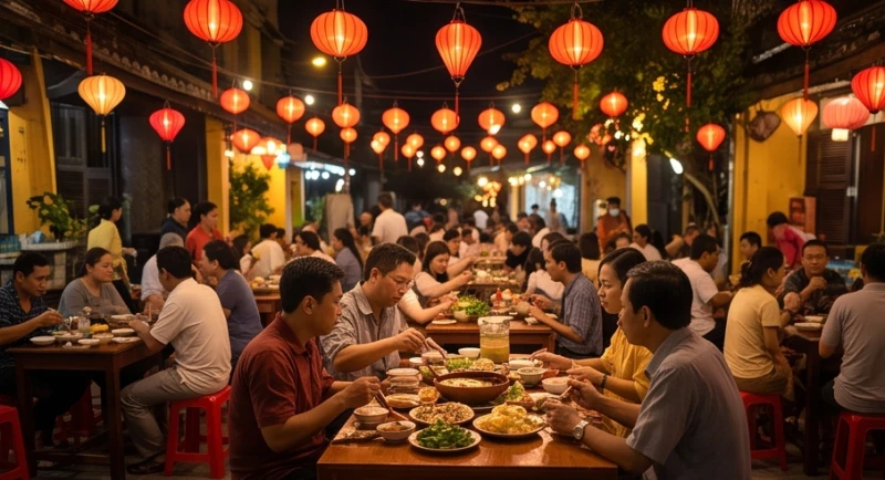 Mơ thấy ăn mặn: Giải mã tâm linh, tập khí & con số may mắn 6 Khung cảnh bữa tiệc cỗ truyền thống đông vui dưới ánh đèn lồng