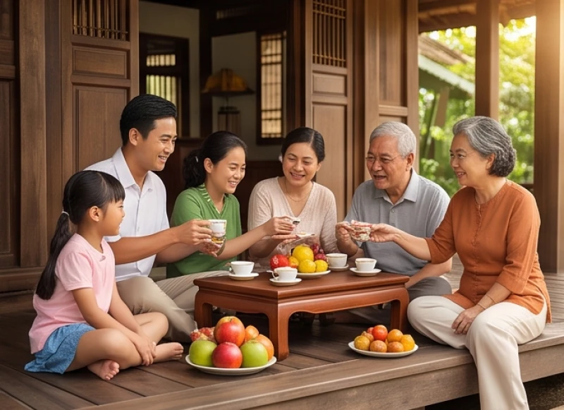 Gia đình đa thế hệ quây quần vui vẻ bên hiên nhà gỗ truyền thống