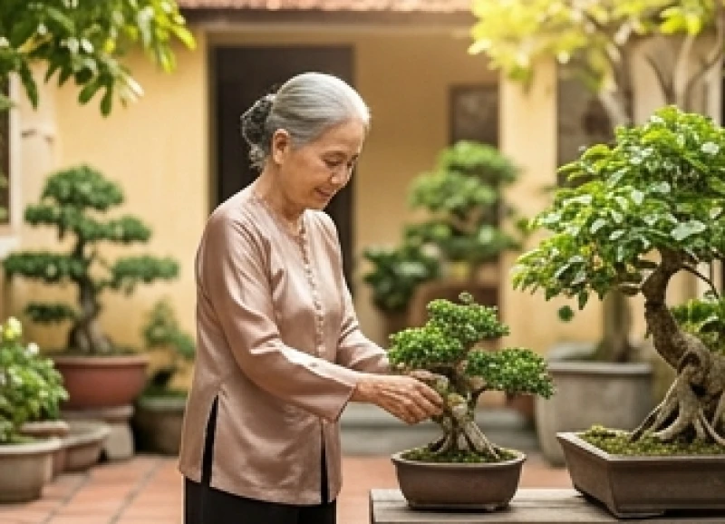 Hình dáng tĩnh tại của một người phụ nữ lớn tuổi đang tưới cây trong khu vườn xanh mát