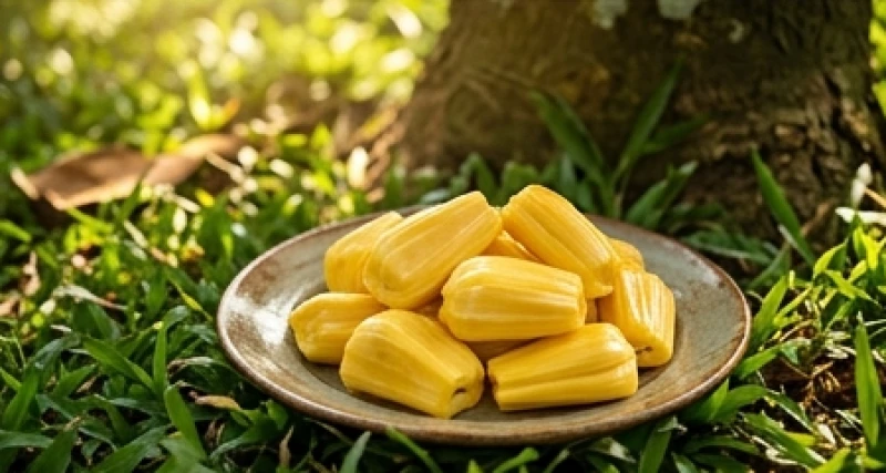 Những múi mít tươi ngon được bóc tách và bày đẹp mắt trên đĩa ngay dưới gốc cây mang lại cảm giác thỏa mãn