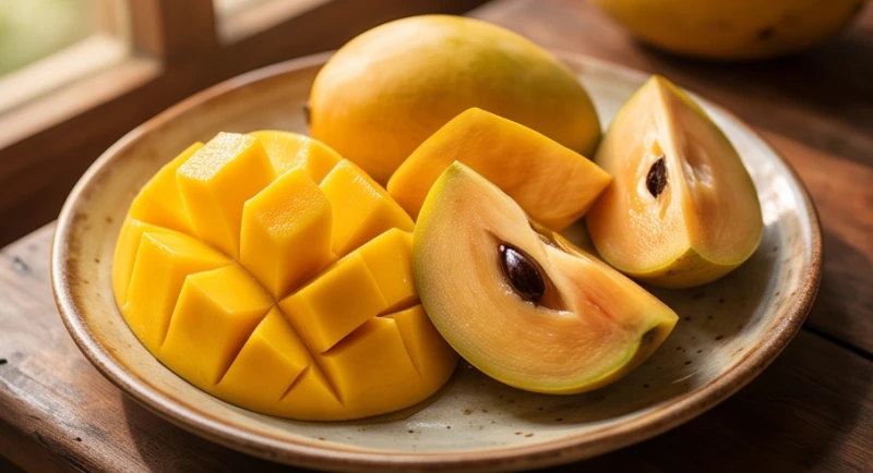 Quả xoài và hồng xiêm chín mọng được cắt đôi lộ ra lớp thịt vàng ươm vô cùng hấp dẫn
