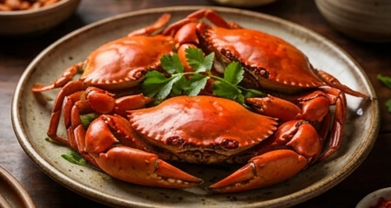 Mâm hải sản hấp dẫn với những con cua luộc chín đỏ au bày biện đẹp mắt trên chiếc đĩa gốm