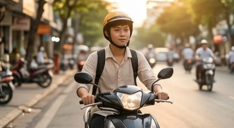 Tử vi tuổi Đinh Hợi 2007 năm 2027: Sao hạn và lịch xuất hành 7 Người đi xe máy đội mũ bảo hiểm cẩn thận di chuyển chậm rãi trên đường phố đông đúc