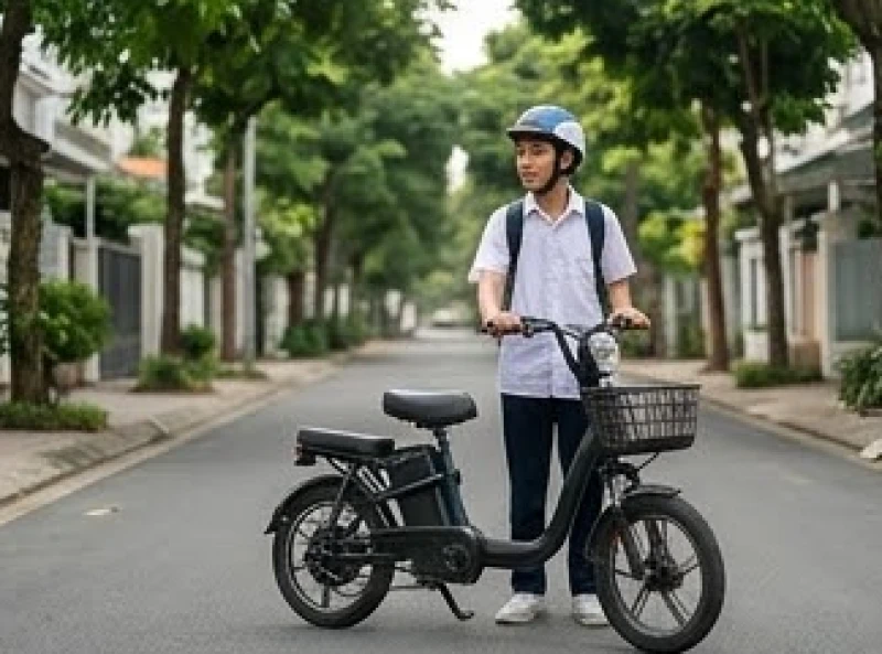 Nam sinh cẩn thận đội mũ bảo hiểm đạt chuẩn trước khi tự điều khiển xe đạp điện đến trường