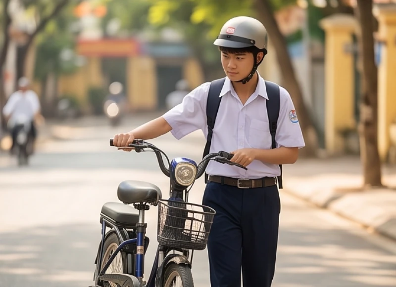 Tử vi tuổi Canh Dần 2010 năm 2026: Lộ trình 12 tháng học hành 4 Học sinh cẩn thận dắt xe đạp điện trên đoạn đường phố đông đúc để đảm bảo an toàn tuyệt đối khi di chuyển
