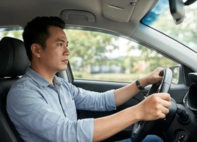 Người đàn ông tập trung cao độ khi lái xe ô tô vào ban ngày để đảm bảo an toàn giao thông