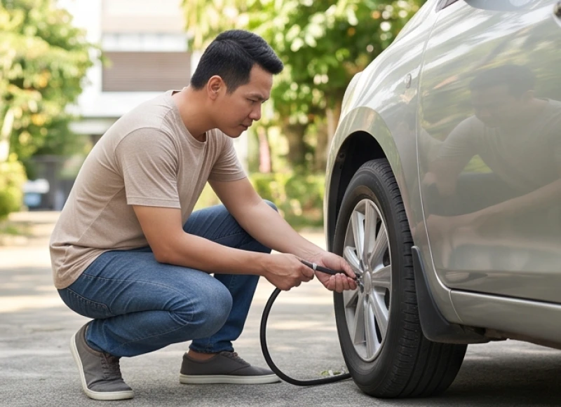 Người lái xe cẩn thận kiểm tra lốp và hệ thống phanh trước khi bắt đầu chuyến du xuân xa nhà cùng gia đình