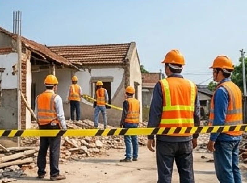 Văn khấn tháo dỡ nhà cũ: Bài cúng chuẩn và thủ tục thực địa 10 Khu vực công trường đập phá được chăng dây cảnh báo an toàn cùng những công nhân đội mũ bảo hộ nghiêm ngặt