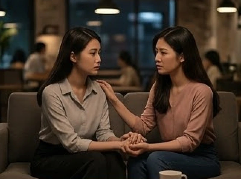 Mơ bị ép lấy chồng: Phân tích tâm lý, điềm báo & cách giải tỏa 6 Hai người phụ nữ ngồi cạnh nhau trong không gian tĩnh lặng mang ý nghĩa thấu cảm và chia sẻ những áp lực thầm kín