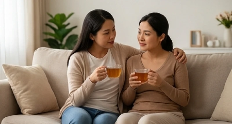 Mơ thấy sảy thai là điềm gì: Giải mã bối cảnh và bộ số may mắn 5 Hai người phụ nữ ngồi cạnh nhau cùng uống trà và ân cần động viên nhau vượt qua giai đoạn khủng hoảng