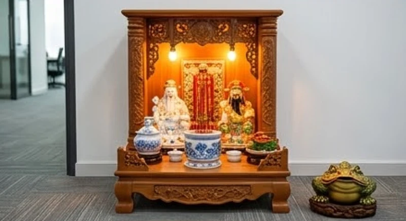 Văn khấn chuyển văn phòng: Bài cúng chuẩn và thủ tục nhập trạch 7 Bàn thờ Thần Tài Thổ Địa với tượng Cóc Thiềm Thừ hướng vào trong văn phòng để giữ tài lộc.