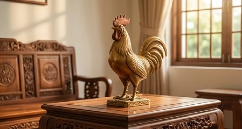 Tượng gà trống phong thủy được đặt đúng hướng tại phòng khách để chuẩn bị thực hiện nghi thức thanh tẩy