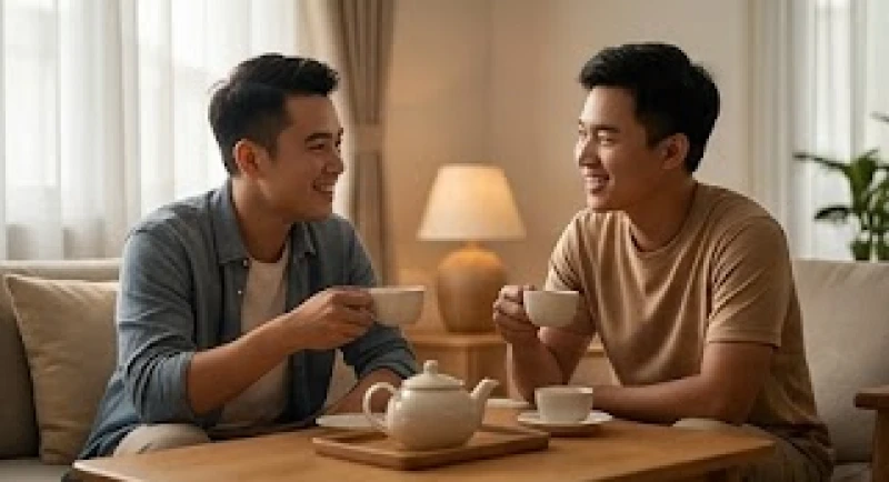 Hai anh em trai đang tươi cười vui vẻ cùng nhau uống trà trong một không gian phòng khách ấm cúng