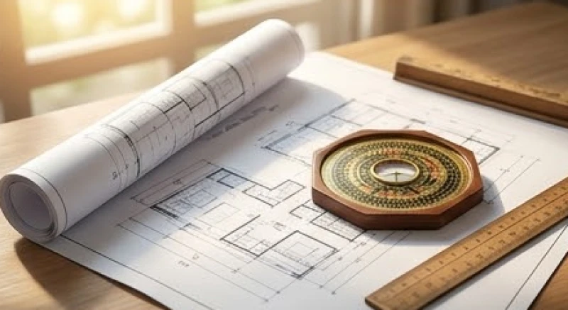 Bản vẽ thiết kế ngôi nhà được đặt cạnh la bàn phong thủy để xem hướng và tuổi động thổ