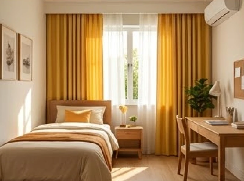 Ánh nắng mặt trời buổi sáng chiếu rọi qua khung cửa sổ đang mở rèm vào trong căn phòng ngủ nhỏ gọn