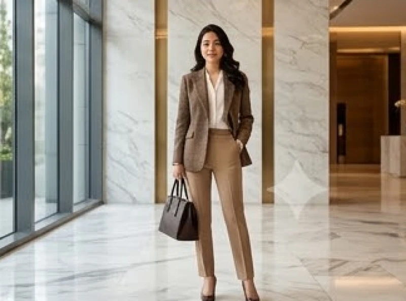 Cô gái mặc áo khoác blazer vải tweed màu nâu kết hợp cùng quần tây be