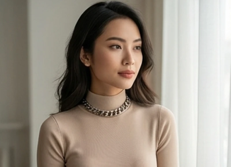 Phụ nữ mặc áo cổ lọ ba phân kết hợp cùng vòng cổ bản to để khắc phục nhược điểm cổ cao gầy