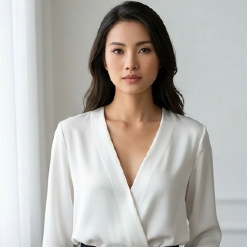 Tướng người vai rộng: Giải mã vận mệnh và mẹo phối đồ tôn dáng 8 Nữ giới mặc áo sơ mi lụa cổ chữ V khoét sâu giúp thu nhỏ diện tích bả vai ngang thô cứng