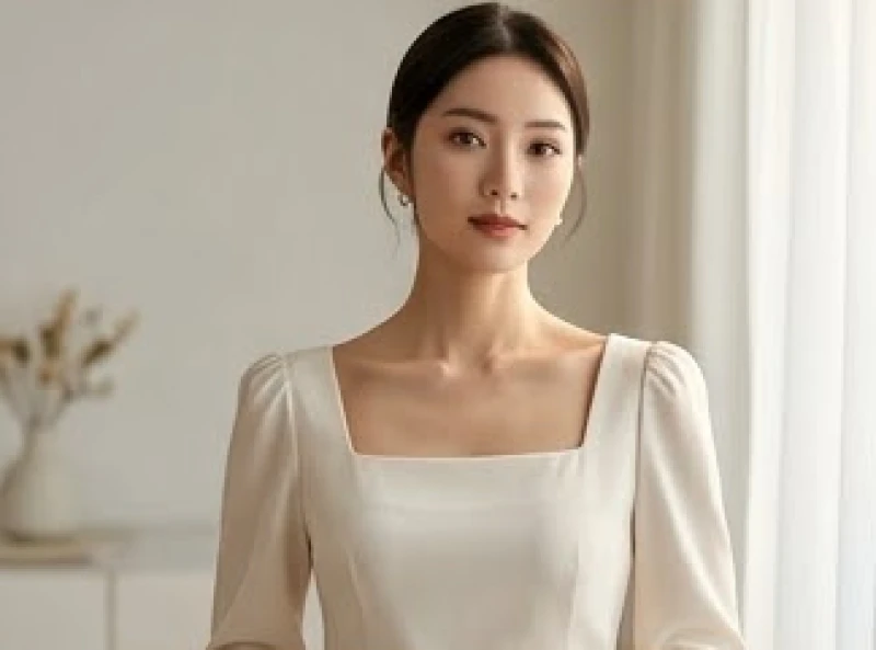 Người phụ nữ diện áo cổ vuông thanh lịch giúp phân tán sự chú ý khỏi độ dốc của tướng vai xuôi