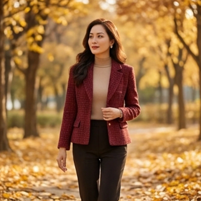 Nữ giới tuổi Kỷ Mùi mệnh Hỏa khoác áo dạ tweed màu đỏ burgundy sang trọng