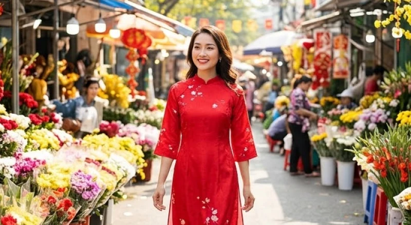 Thiếu nữ duyên dáng dạo phố ngày Xuân trong tà áo dài cách tân màu đỏ rực rỡ