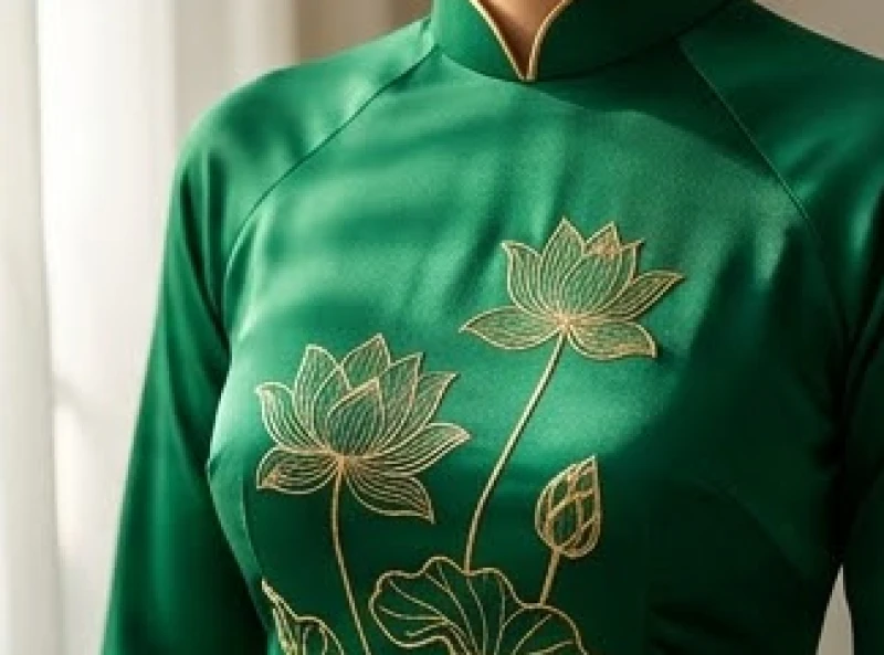 Chi tiết thêu tinh xảo trên tà áo dài lụa bóng giúp tôn lên vẻ đẹp đài các và bắt sáng cực kỳ tốt