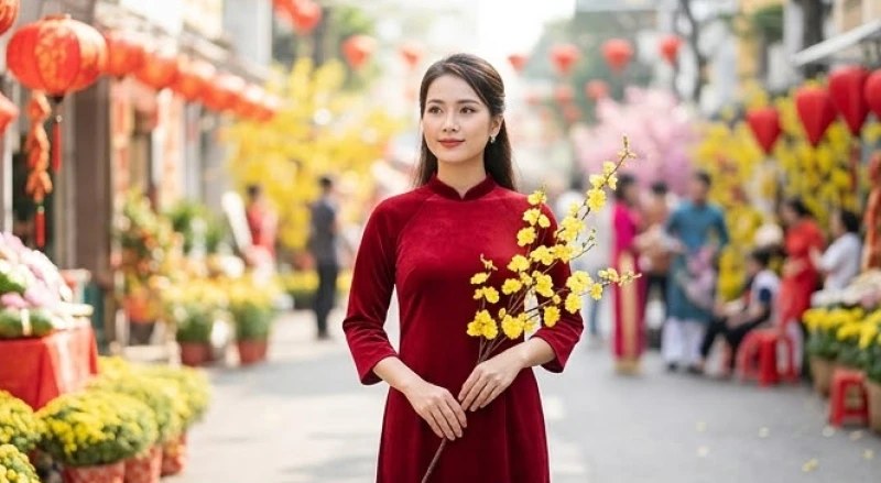 Người phụ nữ duyên dáng trong tà áo dài truyền thống màu đỏ thẫm du xuân