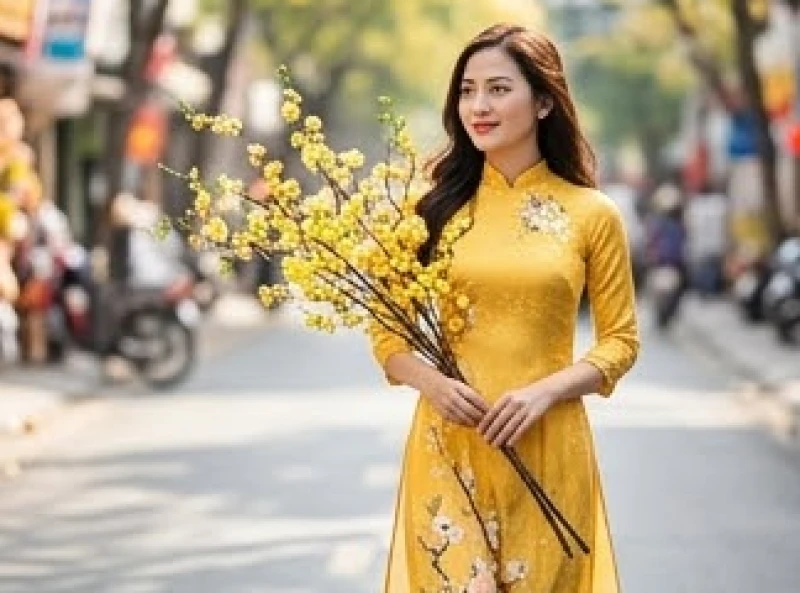 Phụ nữ diện áo dài mang màu sắc tương sinh rạng rỡ dạo bước trong ngày đầu xuân để đón lộc