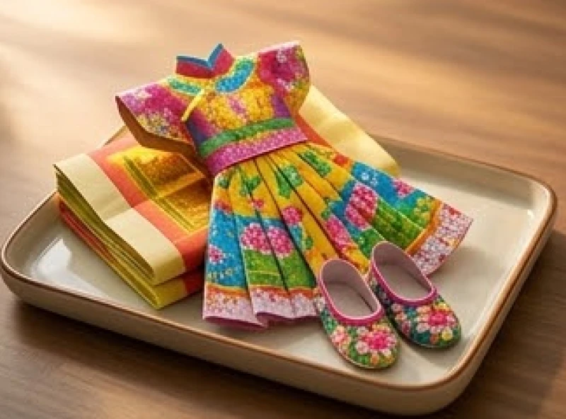 Bộ áo giấy và hài giấy nữ trang rực rỡ màu sắc được xếp gọn gàng để dâng lên Bà Bổn Mạng