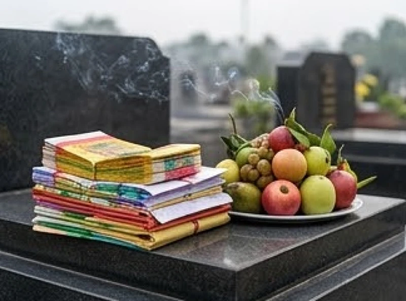 Văn khấn 49 ngày ngoài mộ: Trình tự dâng lễ và 2 bài cúng chuẩn 4 Các xấp tiền vàng và quần áo giấy mã được chuẩn bị tươm tất để dâng lên hương linh người mới mất