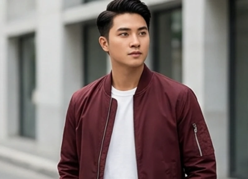 Màu trang phục hợp tuổi Tý: công thức phối riêng nam và nữ 6 Chàng trai trẻ khoác áo bomber màu đỏ đô bên ngoài áo thun trắng năng động.