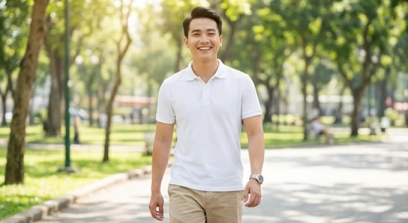 Chàng trai trẻ trung trong trang phục áo polo trắng và quần short kaki màu be