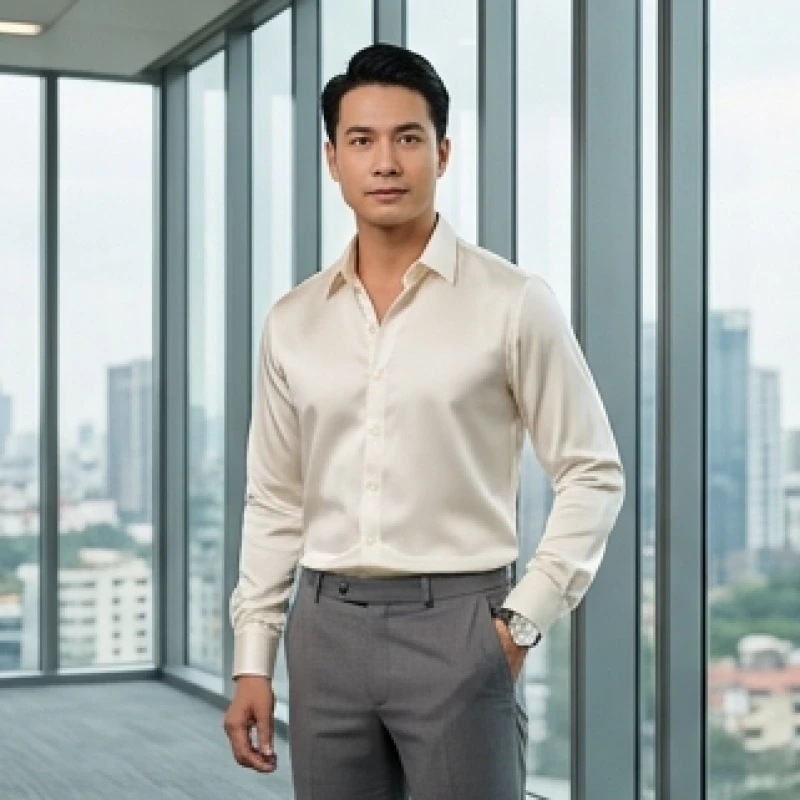 Nam giới tuổi Mùi diện áo sơ mi lụa trắng ngà và quần âu xám ghi thanh lịch