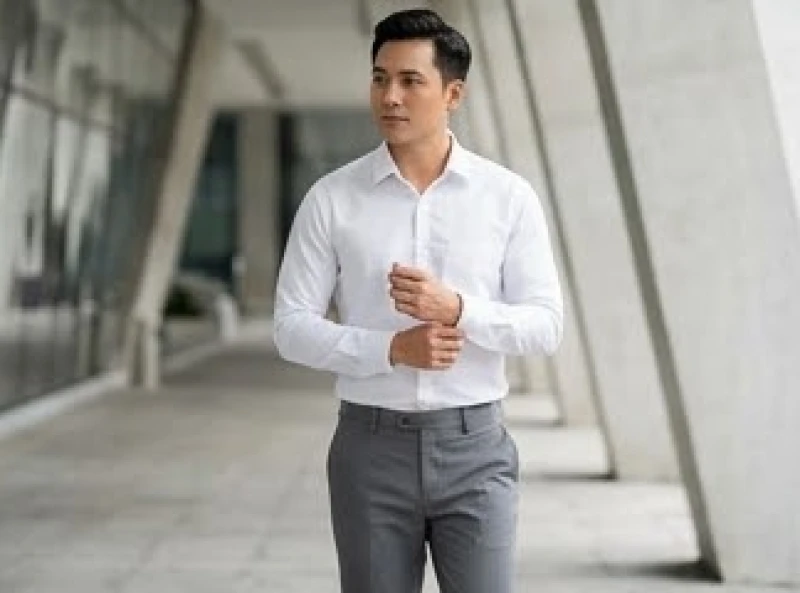 Nam giới lịch lãm trong chiếc áo sơ mi trắng kết hợp cùng quần tây màu xám tro