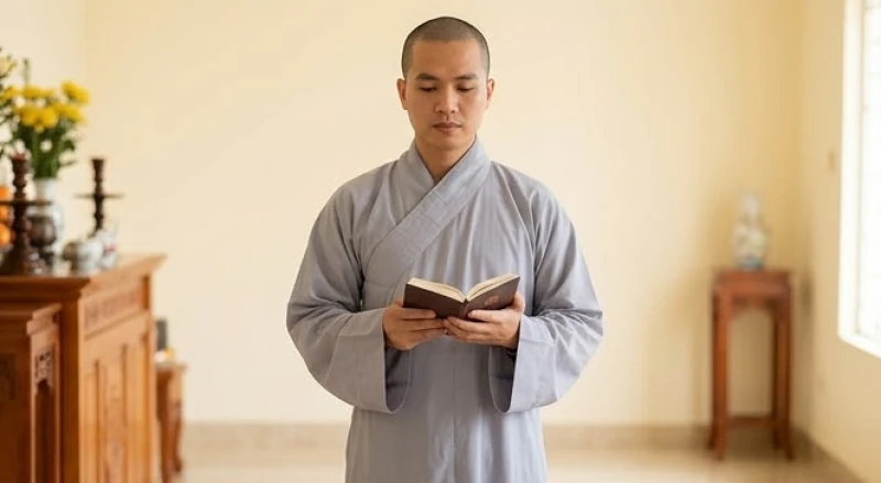 Văn khấn Phật tại gia mùng 1: Bài cúng và cách sắm lễ thanh tịnh 13 Người Phật tử khoác chiếc áo tràng lam giản dị, đứng trang nghiêm trước ban thờ để thực hiện nghi lễ