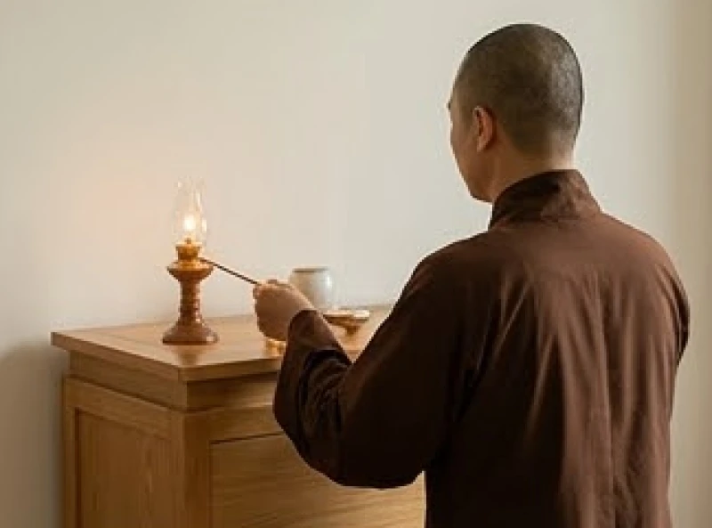Văn khấn sám hối oan gia trái chủ: Bản chuẩn và sắm lễ tại gia 7 Phật tử mặc áo tràng lam kín đáo đang cẩn thận thắp đèn và dọn dẹp ban thờ trước khi đọc văn khấn
