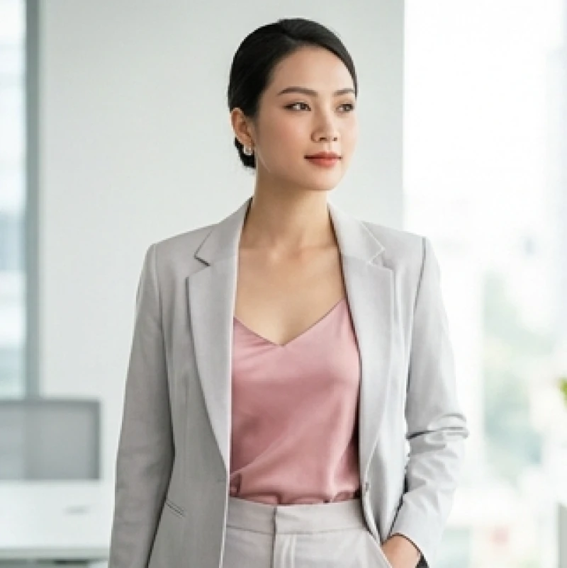 Màu trang phục hợp tuổi Hợi: Tỷ lệ phối đồ nam nữ theo dịp 6 Áo blazer xám trung tính khoác ngoài lớp áo lót tông hồng pastel mềm mại nữ tính