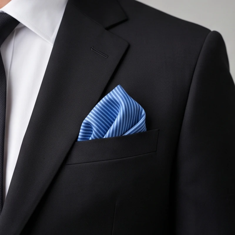 Màu trang phục hợp tuổi Thân: quy tắc phối đồ và chọn phụ kiện 4 Nam giới mặc áo suit jacket đen tuyền với điểm nhấn là chiếc khăn lụa lót túi họa tiết kẻ sọc xanh