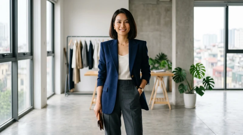 Sử dụng áo blazer có phần cầu vai cứng cáp để định hình lại độ ngang và che đi khuyết điểm vai lệch