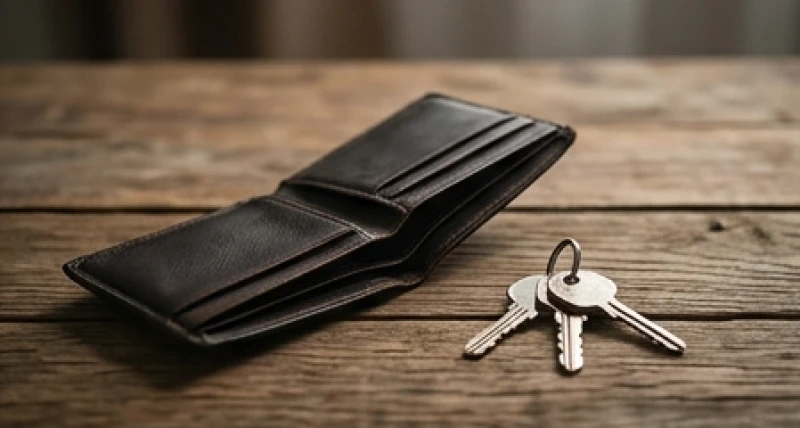 Chiếc ví da rỗng không và chùm chìa khóa nhà nằm lẻ loi trên mặt bàn gỗ tối màu