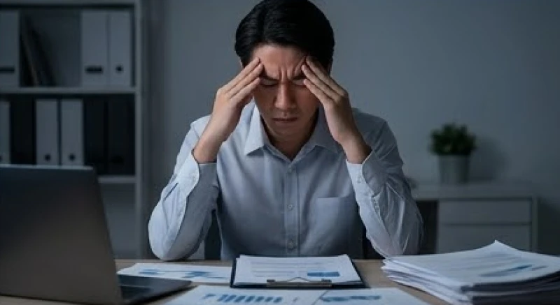 Nhân viên văn phòng với vẻ mặt mệt mỏi, gục đầu bên máy tính do quá tải công việc và căng thẳng thần kinh