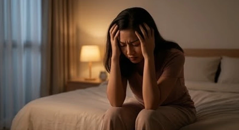 Người phụ nữ ngồi ôm đầu mệt mỏi trên giường ngủ biểu hiện sự căng thẳng và áp lực tâm lý.