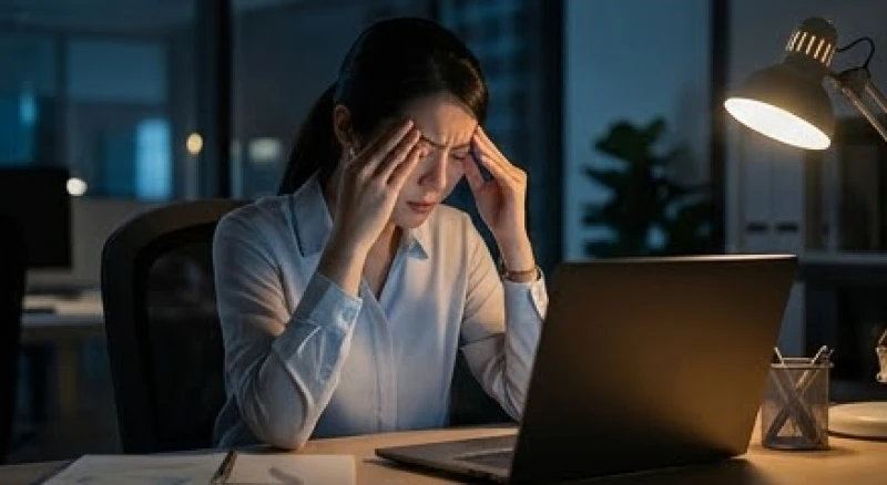 Một nữ nhân viên văn phòng đang ôm đầu mệt mỏi trước màn hình máy tính vào đêm muộn